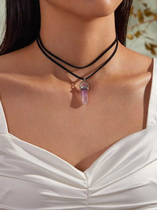 Double Layered Choker Velvet Rope Acrylic Quartz Crystal Stone Point Necklace