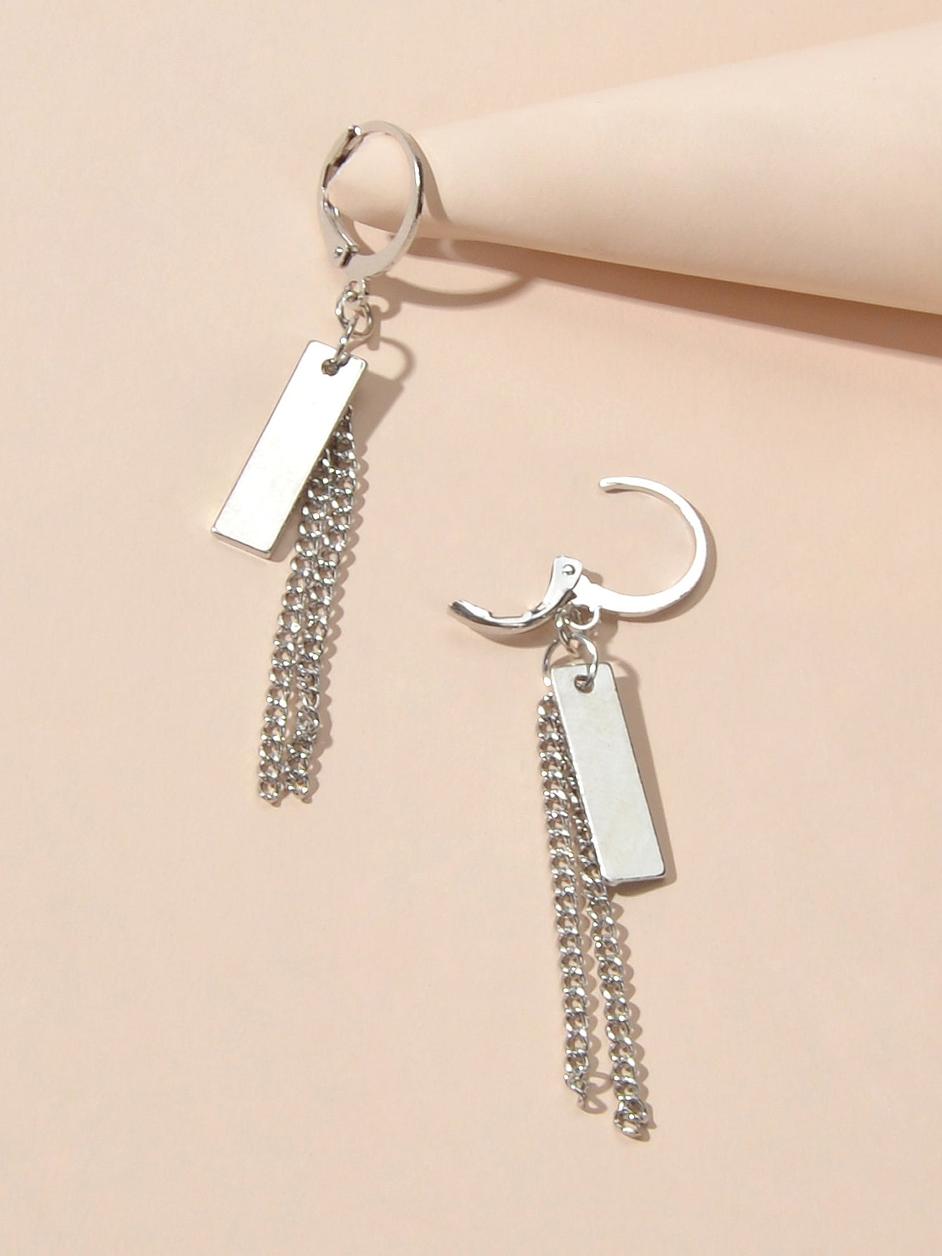 Hip Hop Silver Huggie Tassel Metal Plates Dangle Hoop Earrings Round Earstud