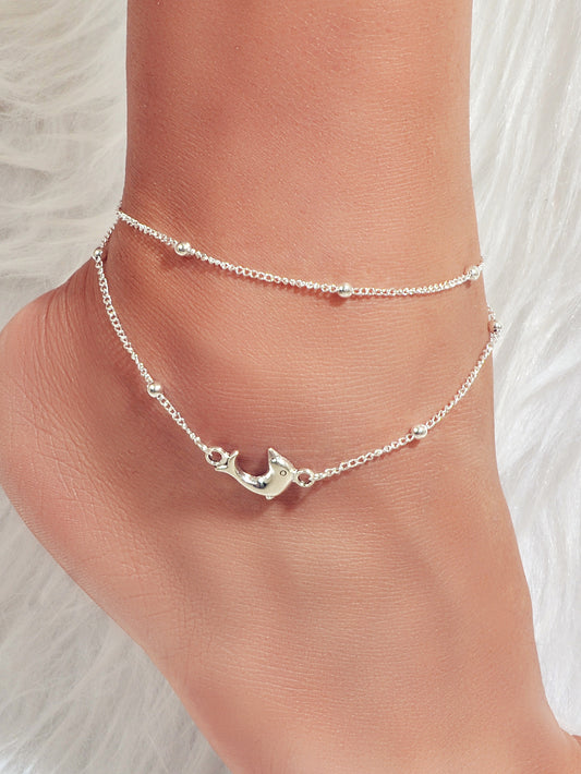 1pc Silver Layered Chain Dolphin Charm Anklet Bohemia Bracelet Foot Jewelry Gift