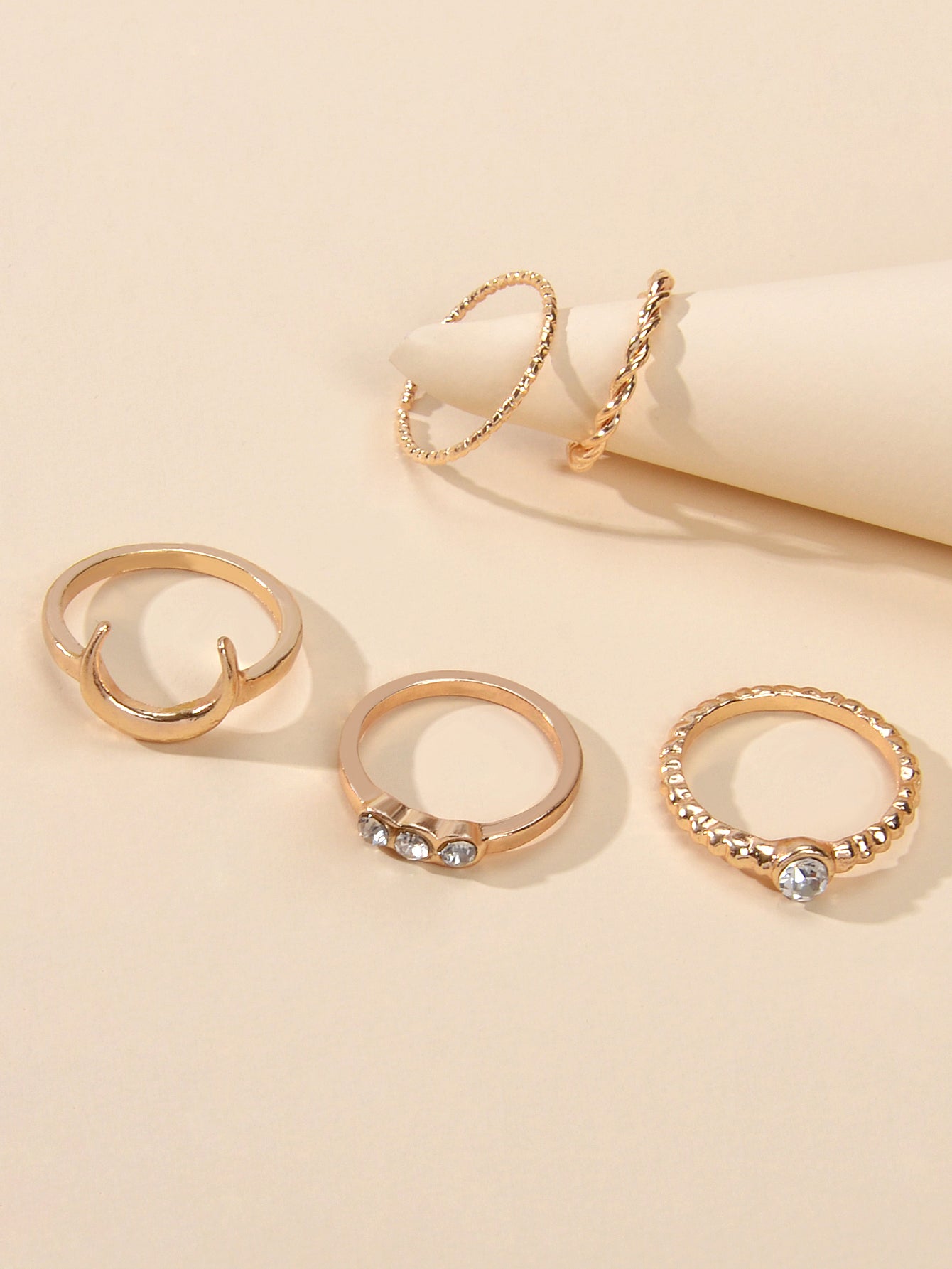 5pcs Fashion Rhinestone Decor Gold Metal Moon Midi Finger Knuckle Rings Set Band