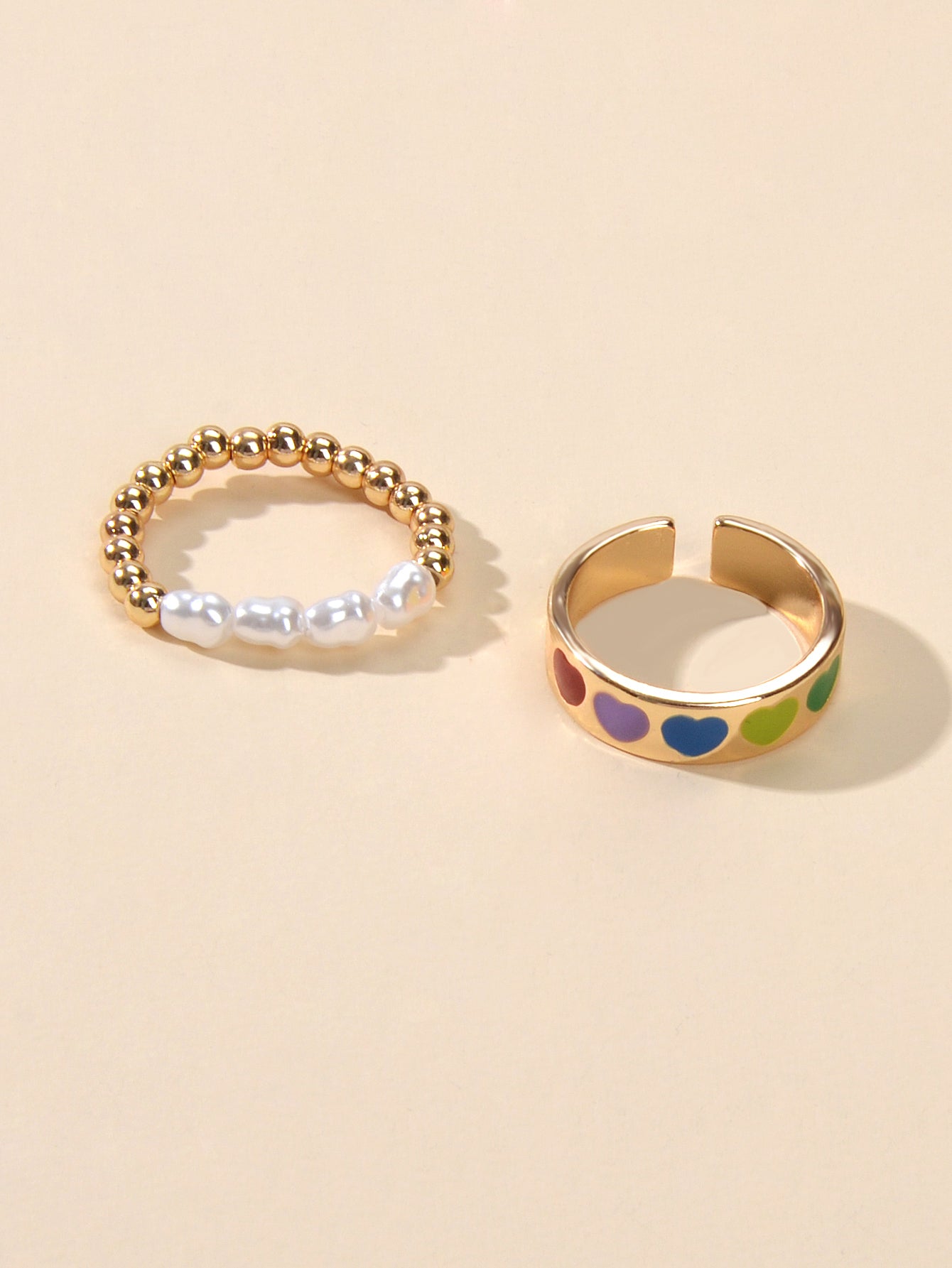 2 pcs Pearl Decor Elastic Ring Colorful Love Heart Enamel Finger Rings Jewellery