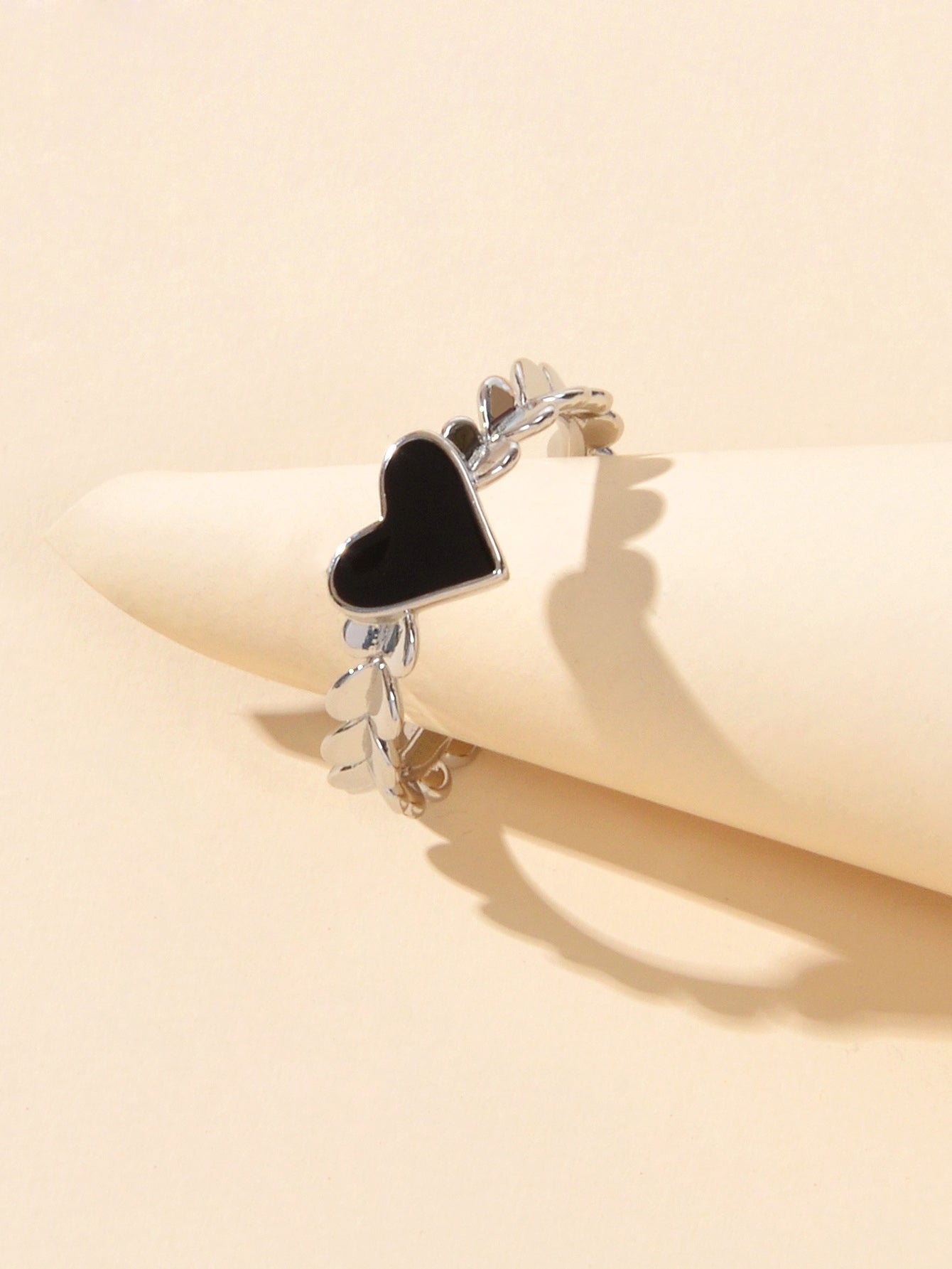 AU Post Open Adjustable Black Enamel Love Heart Silver Cuff Ring Party Jewellery