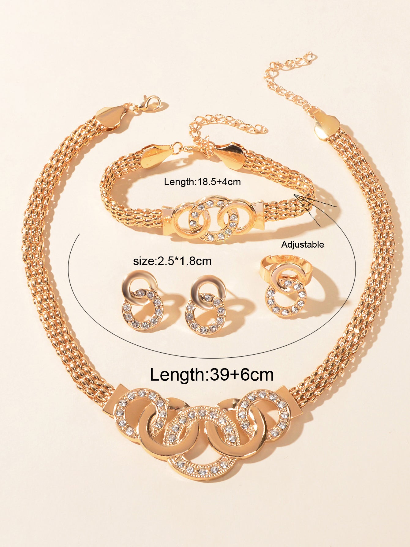 Jewellery set Rhinestone Gold Chain Statement Necklace Bracelet Earrings Ring