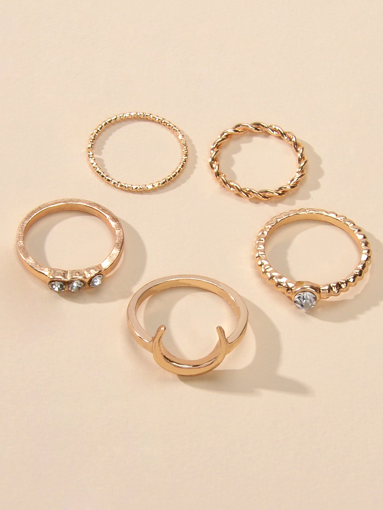 5pcs Fashion Rhinestone Decor Gold Metal Moon Midi Finger Knuckle Rings Set Band