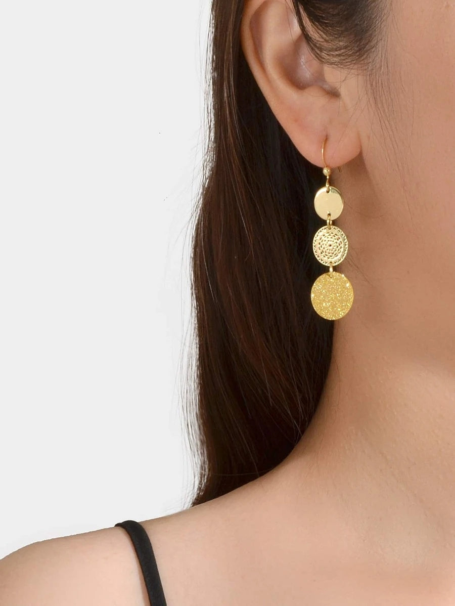 3 Tier Drop Dangle Geometric Shiny Round Disc Earrings Circle Coin Ear Jewellery