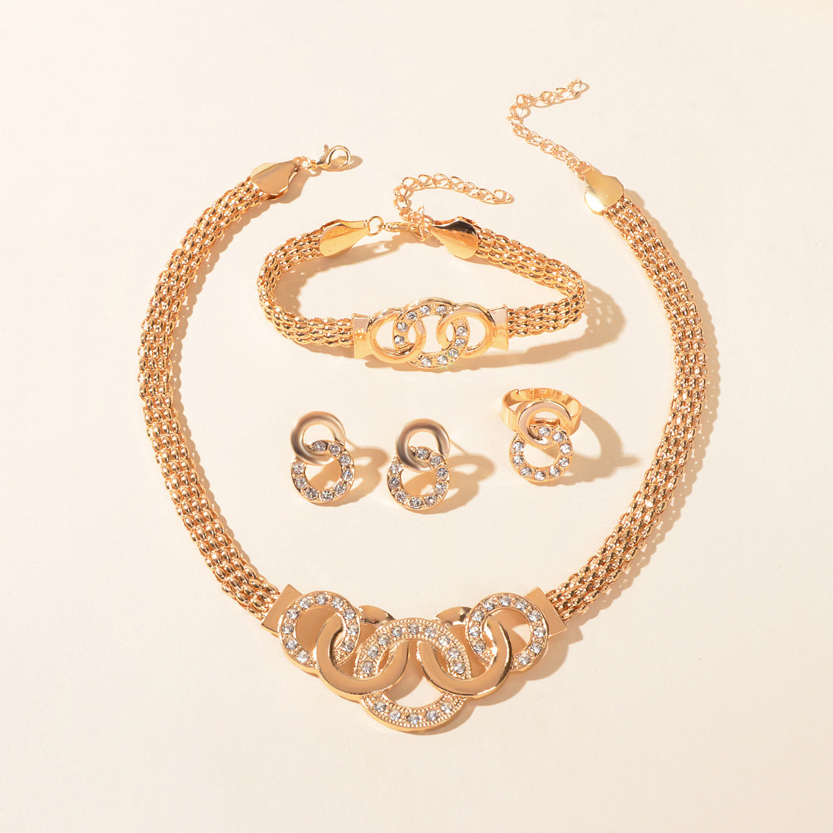 Jewellery set Rhinestone Gold Chain Statement Necklace Bracelet Earrings Ring