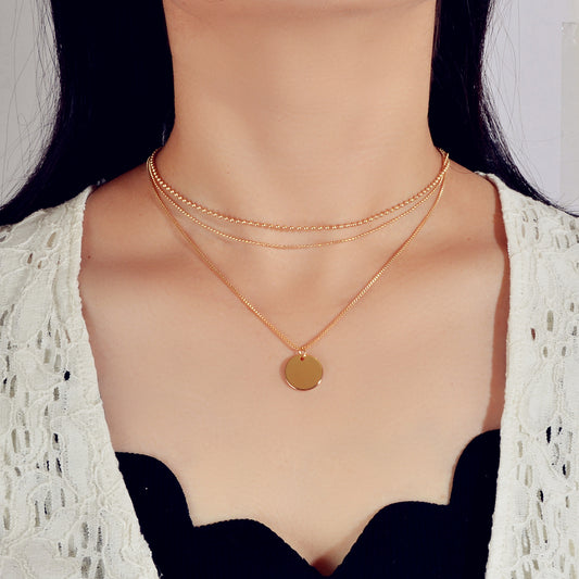 Round Coin Disc Charm Multilayer Necklace Gold Clavicle Chain Collar Trendy Gift