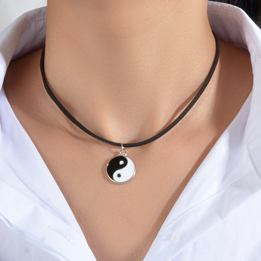 Black Cord Enamel Yin Yang Tai Chi Round Pendant Necklace PU Leather Rope Collar