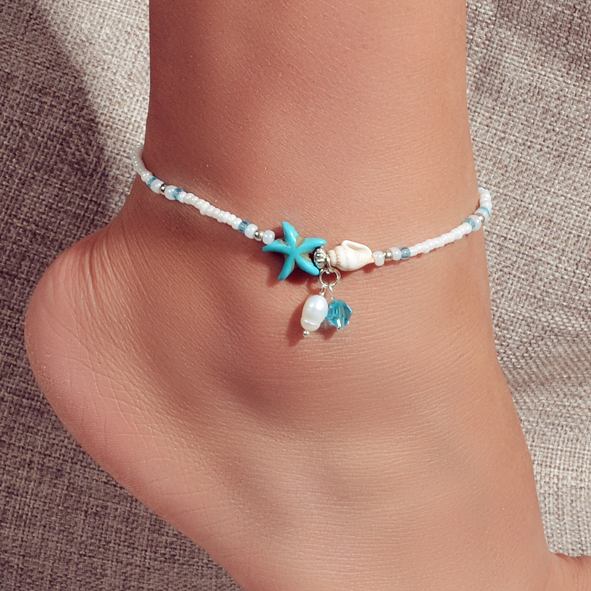 Ocean Style Conch Shell Starfish Seed Beads Turquoise Anklet Sea Beach Jewellery