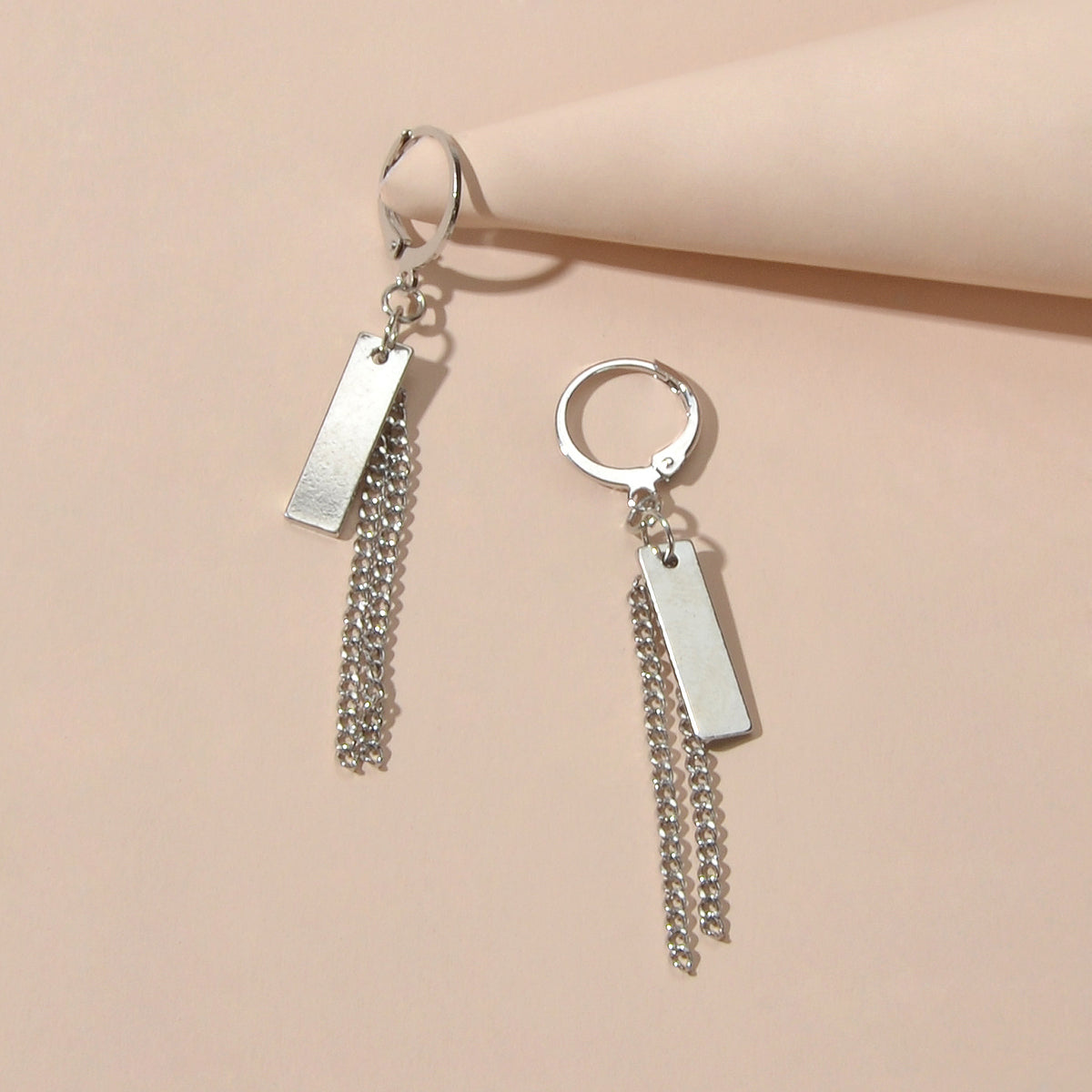 Hip Hop Silver Huggie Tassel Metal Plates Dangle Hoop Earrings Round Earstud