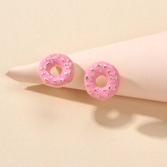 Lovely Pink Enamel Donuts Cute Stud Lightweight Earrings Dainty Women Girl Gift