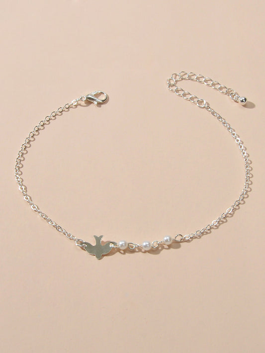 Silver Colour Chain Pearl Decor Bird Bracelet Girls Teens Minimalist Jewellery