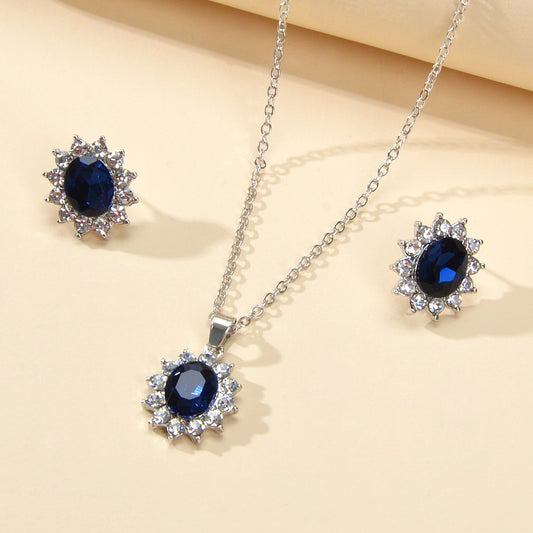 Anniversary Wedding Jewelry Blue Simulated Gemstone Charm Necklace Stud Earrings