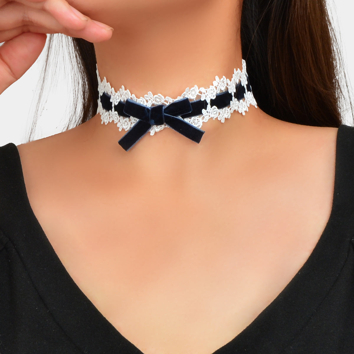 90s White Lace Flower Black Velvet Bowknot Tattoo Choker Necklace Grunge Collar