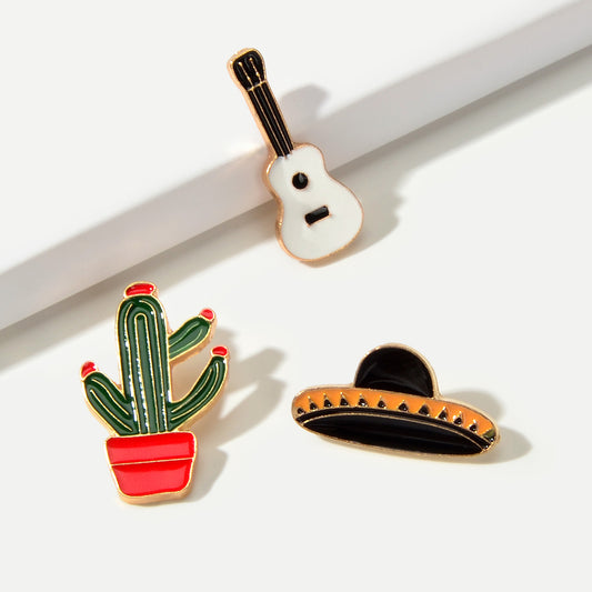 3 pcs Enamel Pin Set Lovely Guitar Cap Cactus Brooch Pins Decorative Lapel Badge