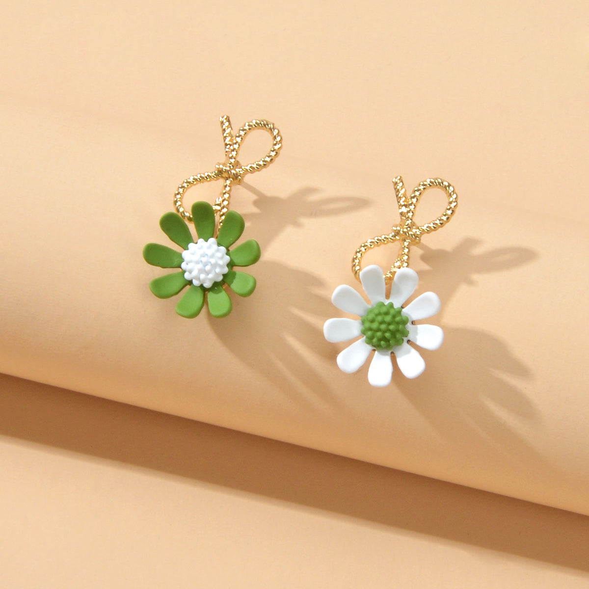 Dainty Gift Women Bow White Green Flower Asymmetric Hypoallergenic Stud Earrings