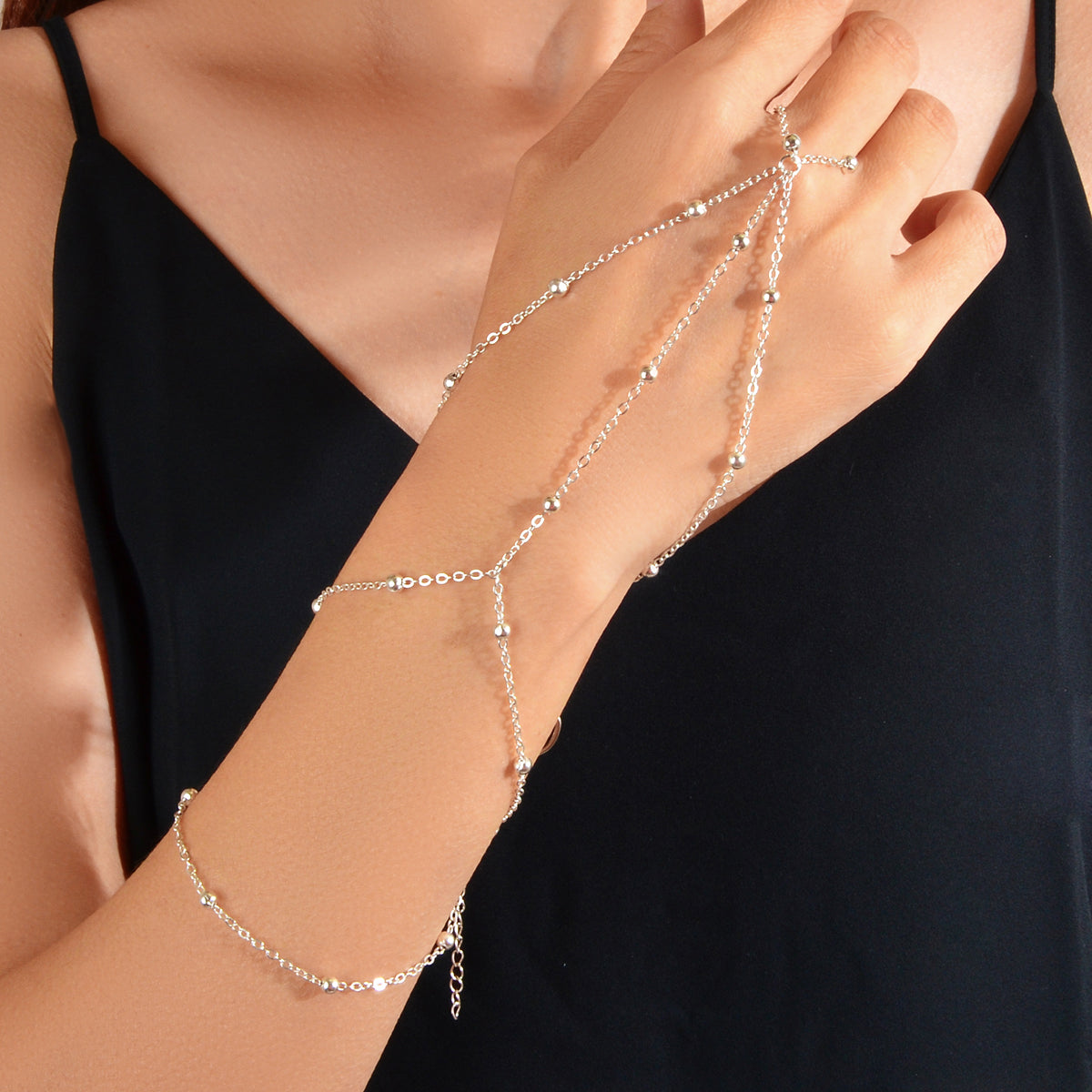 Punk Silver Multi-layer Beads Chain Slave Bracelet with Finger Hip Hop Jewellery