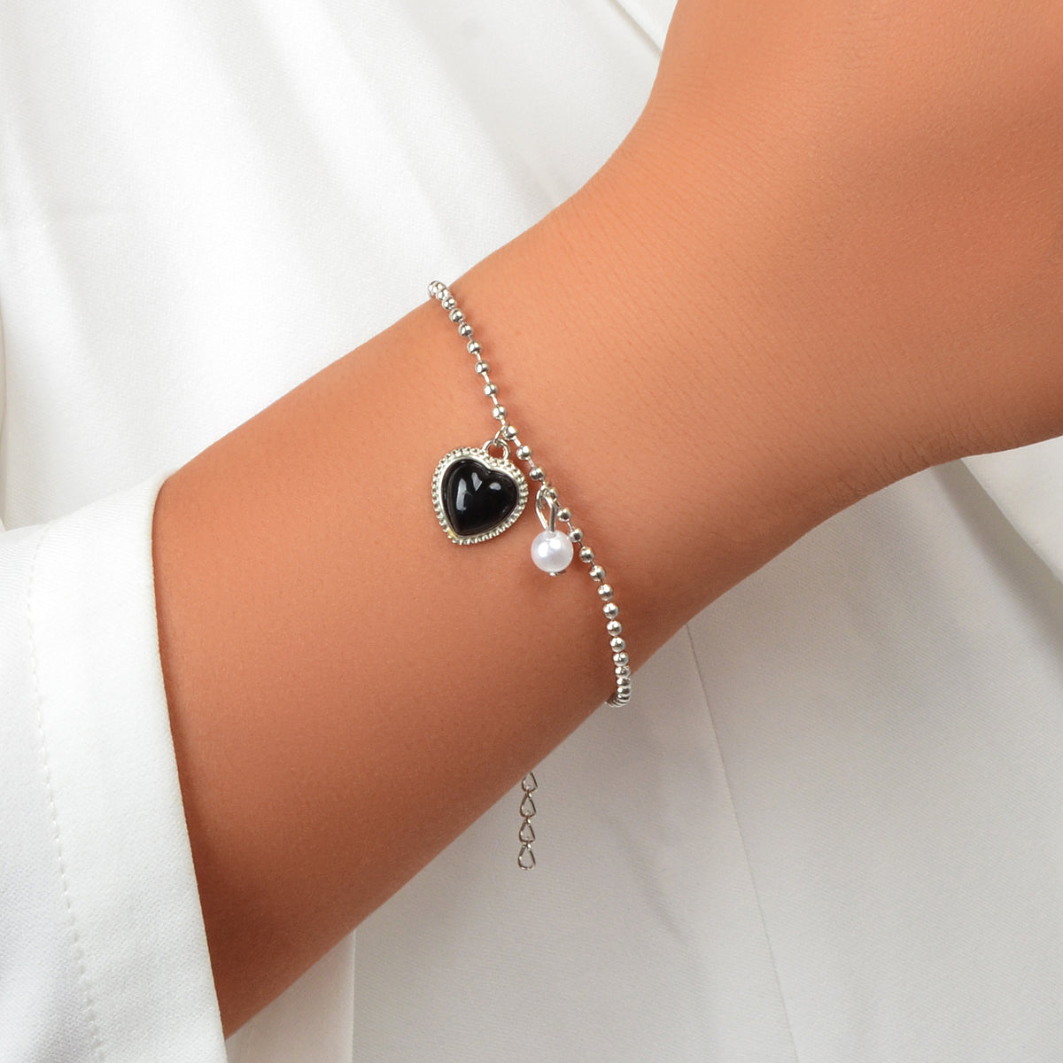 Girlfriend Gift Jewellery Silver Popcorn Chain Pearl Black Heart Charm Bracelets