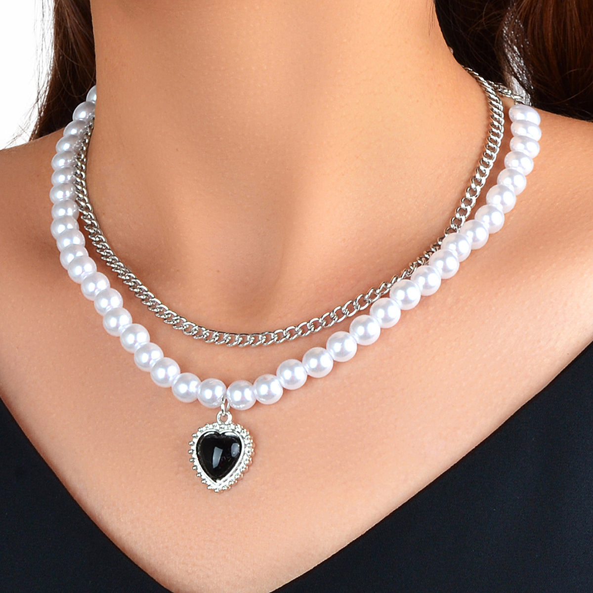 Textured Double layer Silver Pearl Chain Black Heart Necklace Retro Jewellery