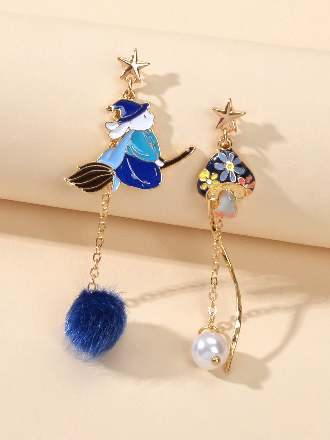 Cartoon Gold Star Colorful Rabbit Mushroom Asymmetric Pearl Blue Ball Earrings