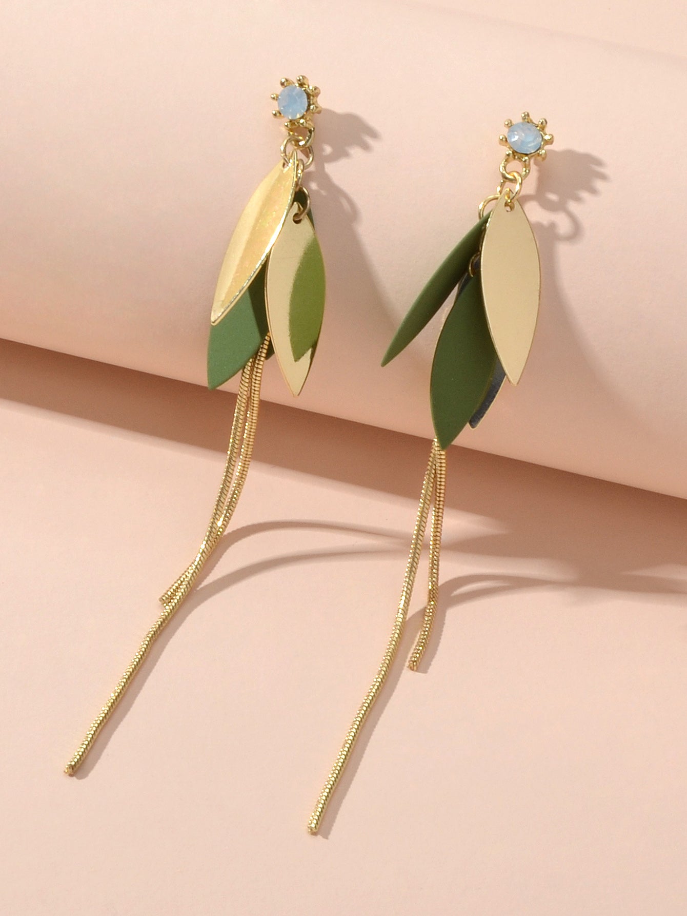 Female Jewellery Gold Green Leaf Long Chain Dangle Pierced Charm Women Earrings