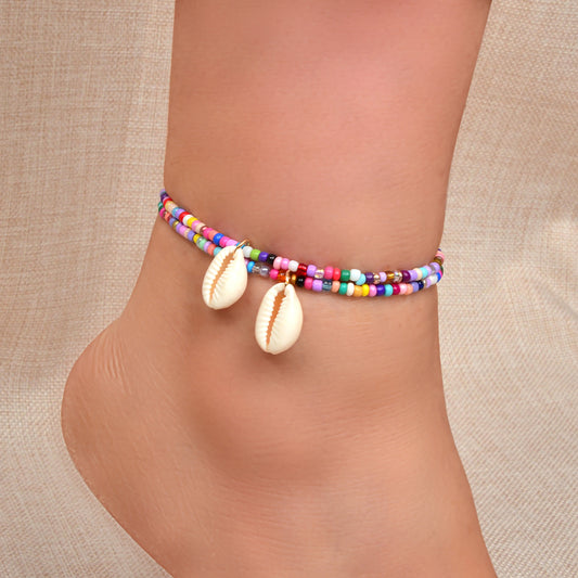 2 pcs Handmade Boho Colourful Beads Shell Charm Ankle Bracelets Foot Anklet Set