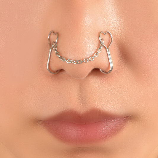 1pc Faux Lip Ear Nose Gold Silver Heart Chain Non Piercing Clip On Nose Ring