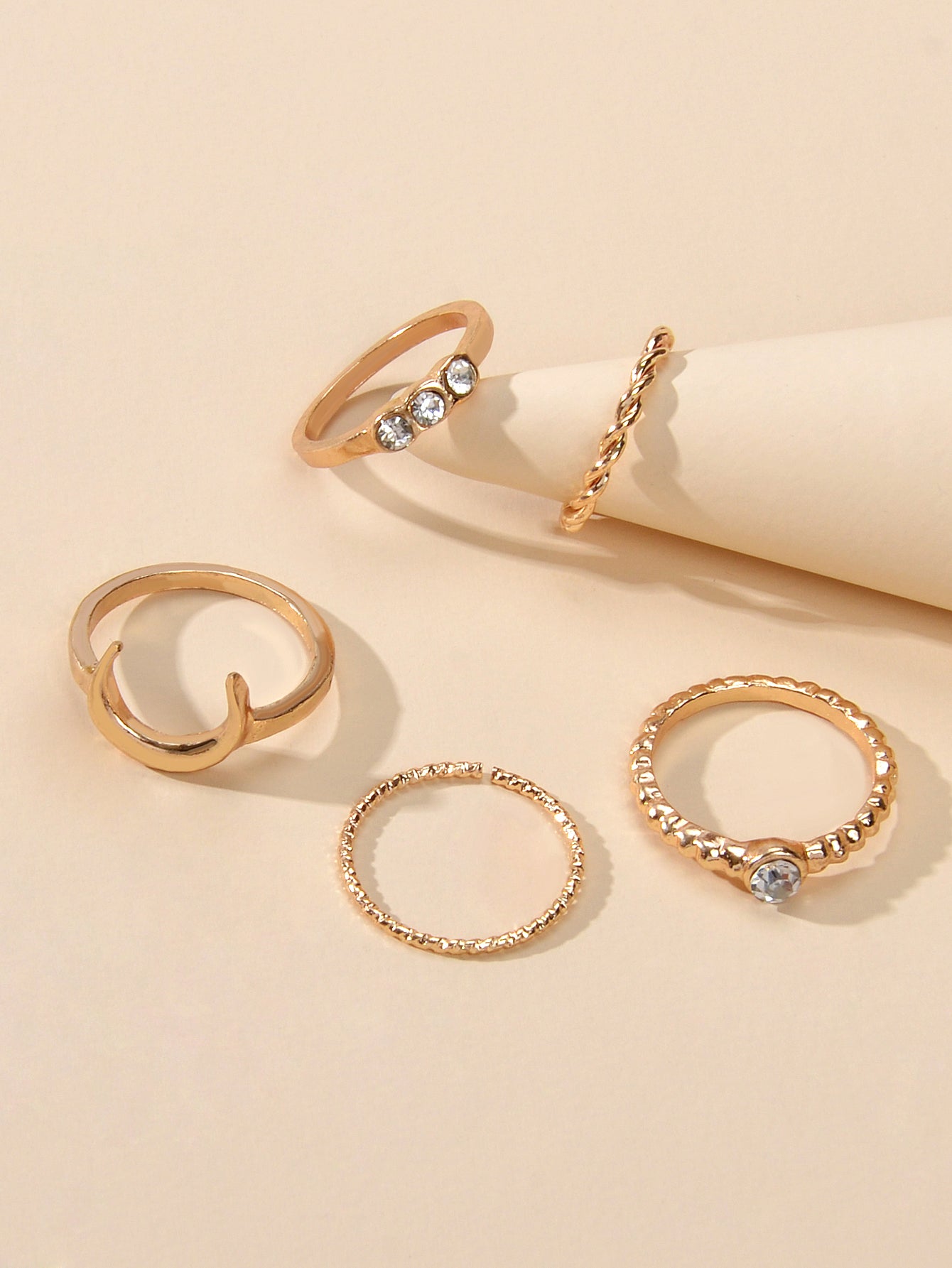 5pcs Fashion Rhinestone Decor Gold Metal Moon Midi Finger Knuckle Rings Set Band