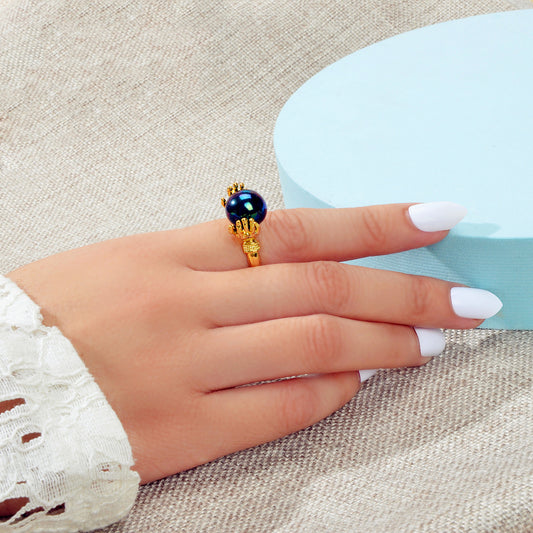 Anniversary Wedding Unique Blue Beads Gold Hand Dome Ring Retro Women Teens Band