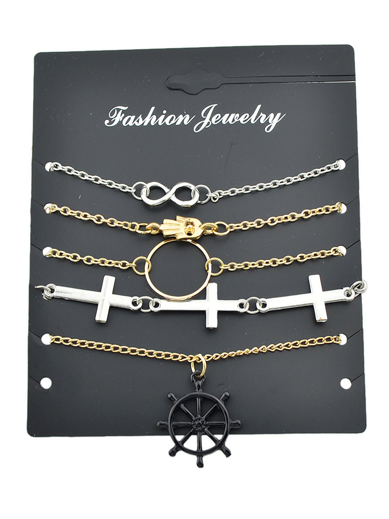 5pcs Nautical Silver Gold Chain Hand Infinity Cross Rudder Charm Bracelets set