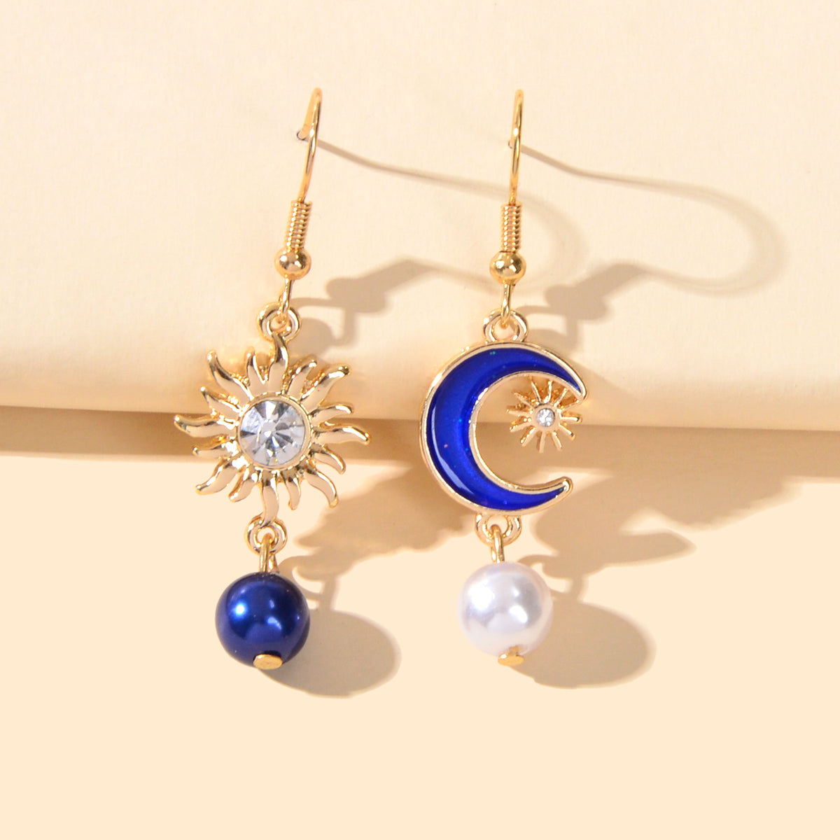 Asymmetrical Design Blue Moon Gold Sun Beads Charm Dangle Hook Textured Earrings