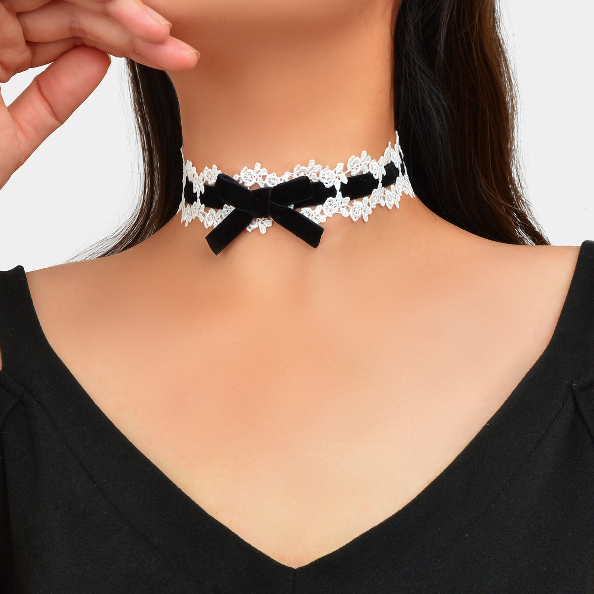 90s White Lace Flower Black Velvet Bowknot Tattoo Choker Necklace Grunge Collar