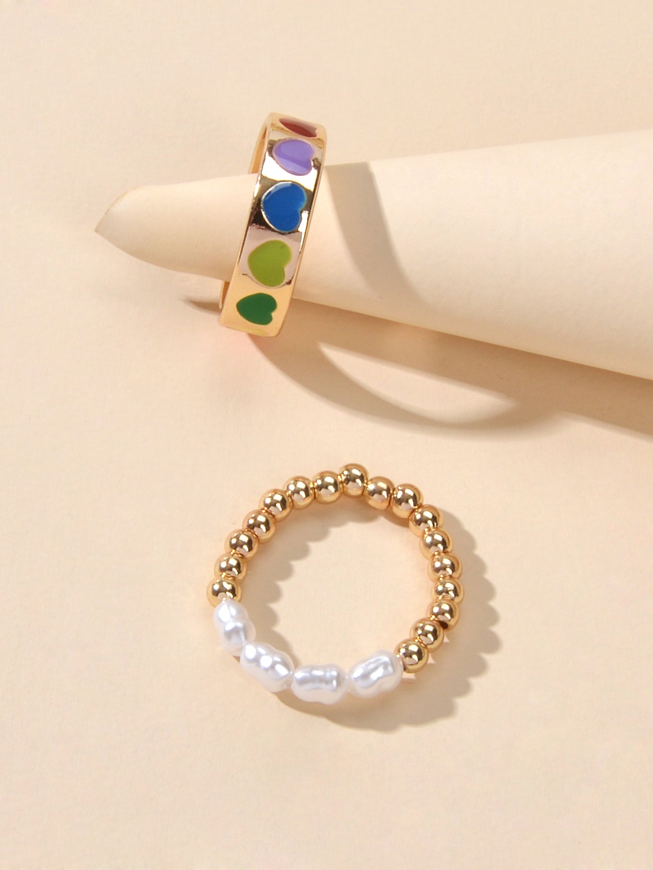 2 pcs Pearl Decor Elastic Ring Colorful Love Heart Enamel Finger Rings Jewellery