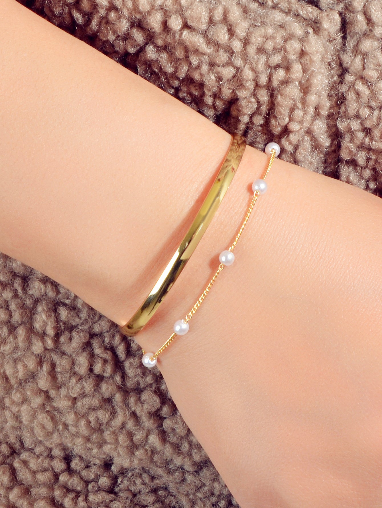 Fashion New Faux Pearl Decor Chain Gold Bracelet Cuff Bangle for Women Jewellery