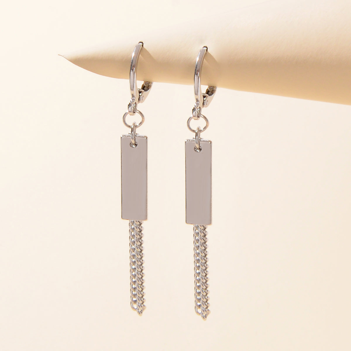 Hip Hop Silver Huggie Tassel Metal Plates Dangle Hoop Earrings Round Earstud