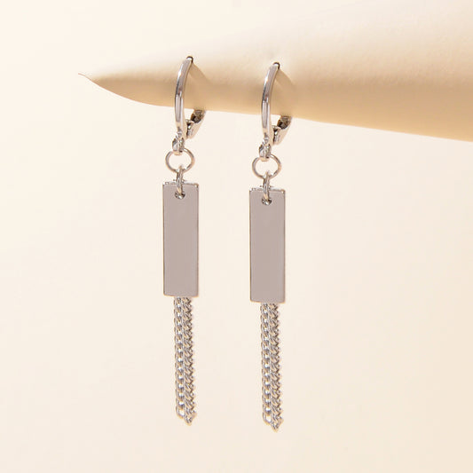 Hip Hop Silver Huggie Tassel Metal Plates Dangle Hoop Earrings Round Earstud