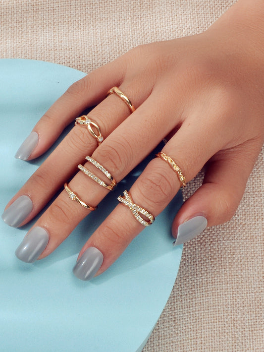 6pcs Band Women Gold Metal with Rhinestone Multiple Midi Finger Knuckle Ring set