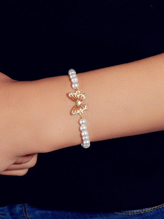 Fashion Jewellery Rhinestone Butterfly Charm Pearl Sliding Adjustable Bracelet