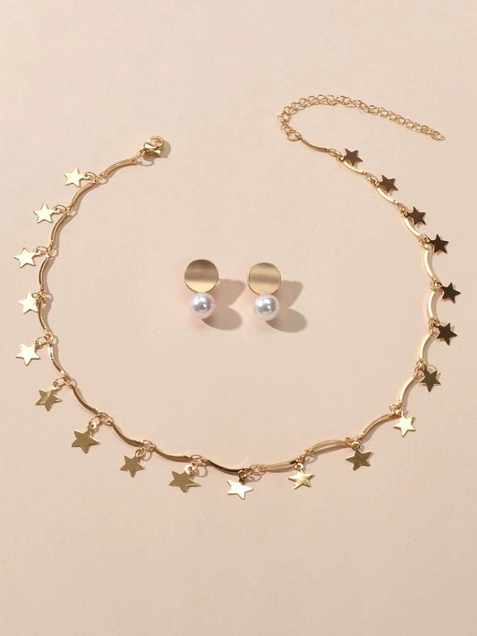 Perfect Wedding Engagement Jewellery set Star Charm Necklace Pearl Stud Earrings