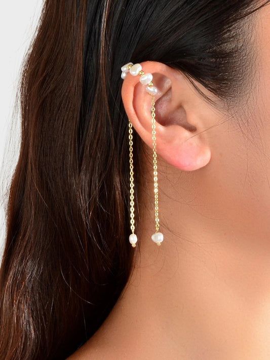 1 pc Fashion Pearl Long Gold Chain Ear Cuff Cartilage Dangle Earrings Accessory