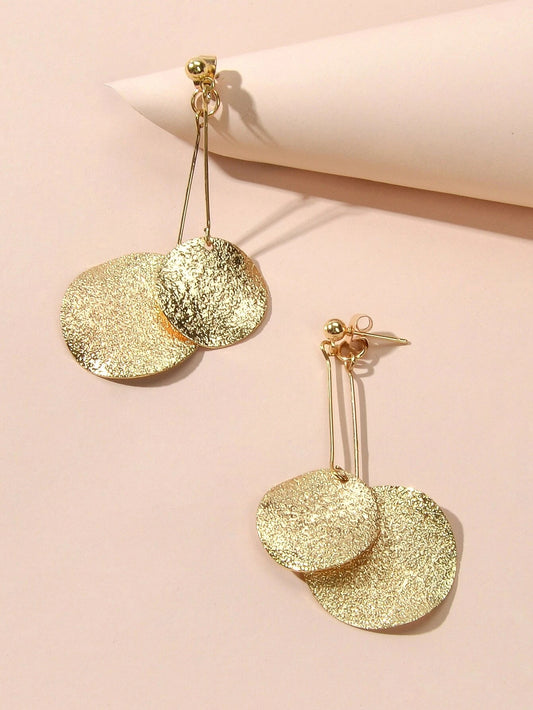 Gold Color Metal Geometric Drop Earrings Ear Jacket Stunning Disc Stud Jewellery