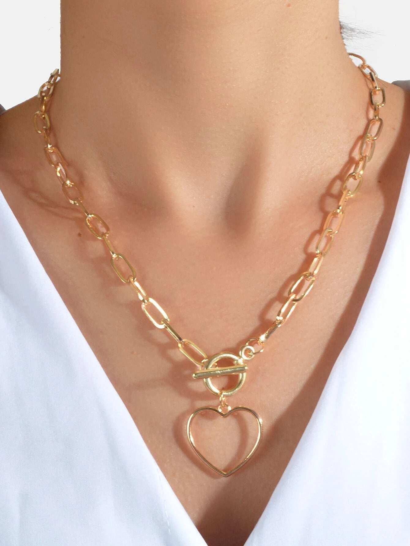 Punk Chunky Chain Love Heart Pendant Lariat Necklace Women Girls Teens Jewellery