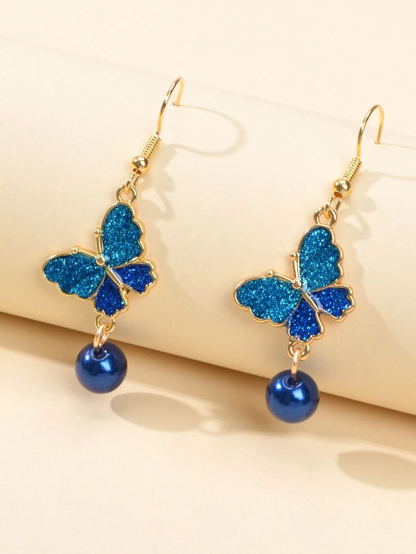 AU Stock Dark Blue Pearl Beads Butterfly Dangle Drop Earrings Bling Jewellery