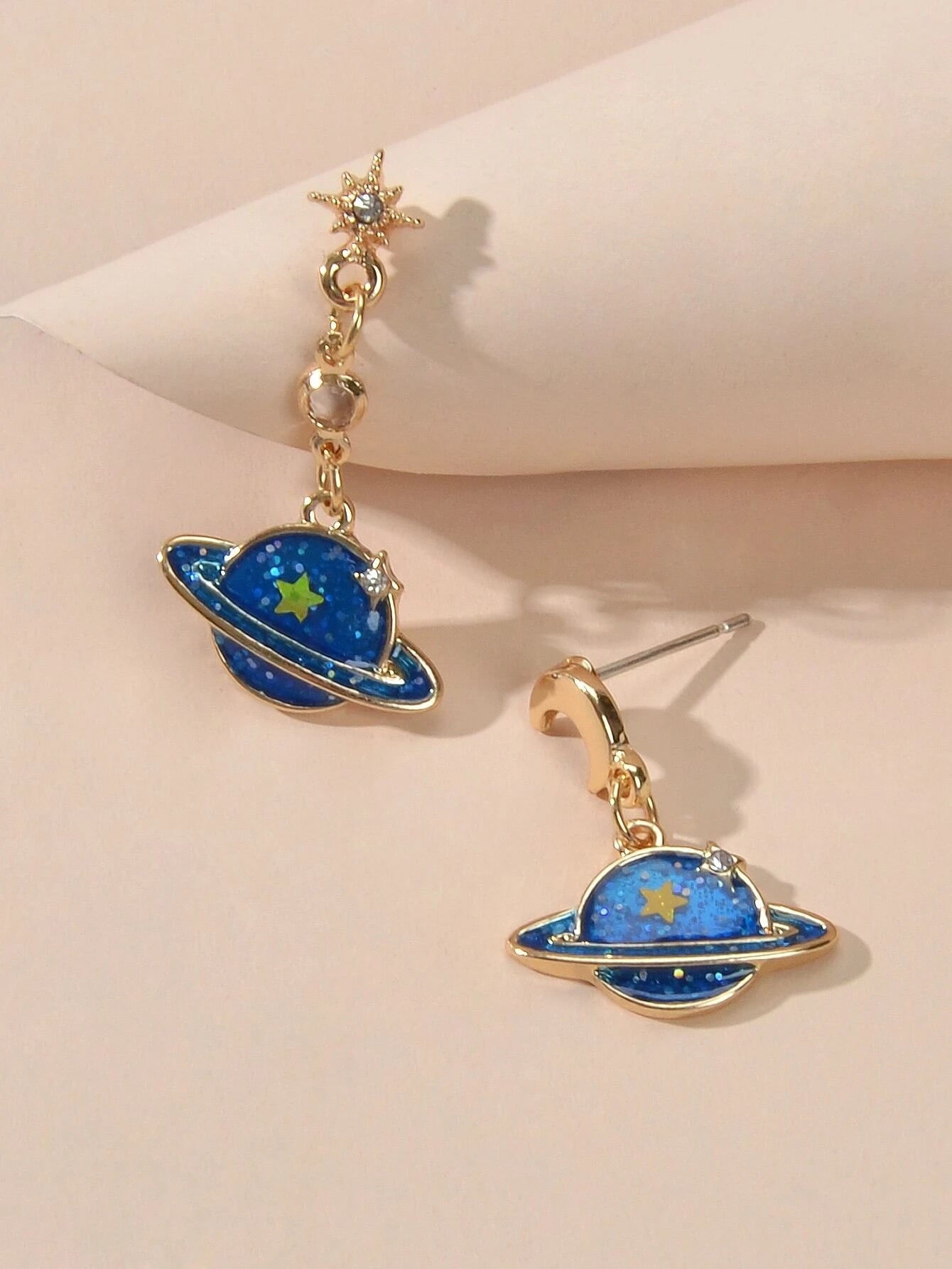 Fashion Jewellery Blue Enamel Planet Moon Star Asymmetric Drop Stunning Earrings