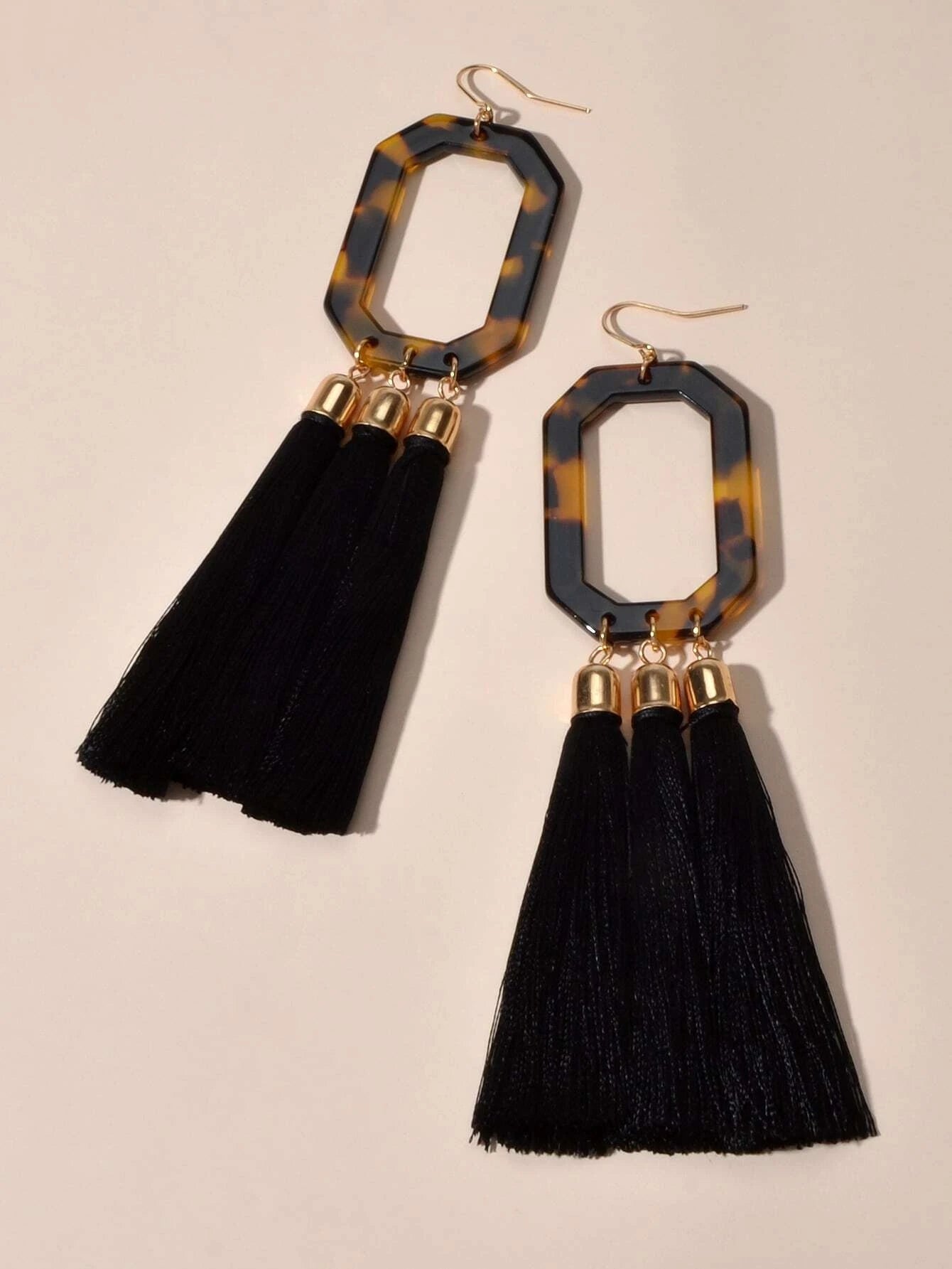 Bohemian Jewellery Leopard Acrylic Black Tassel Dangle Earring Ethnic Accessory