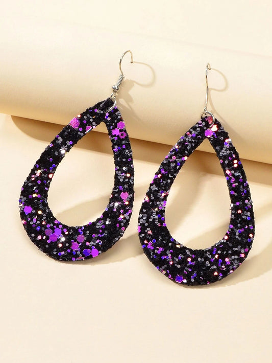 Boho Chic Gold Black Leather Shining Sequins Water Drop Big Dangle Earrings Gift