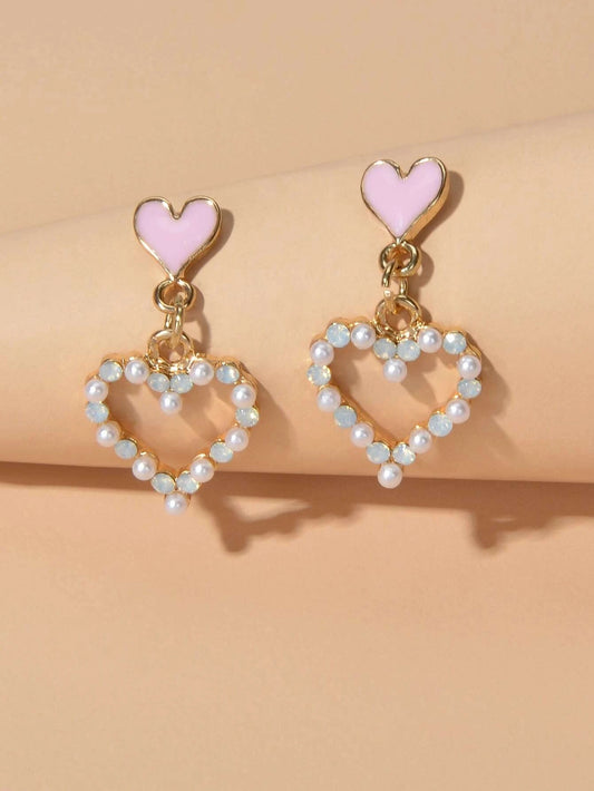 Personality Pink Enamel Pearl Heart Drop Earrings Dainty Gifts for Women Girls