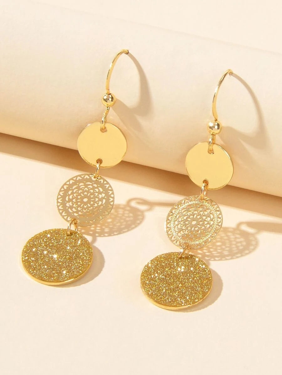 3 Tier Drop Dangle Geometric Shiny Round Disc Earrings Circle Coin Ear Jewellery