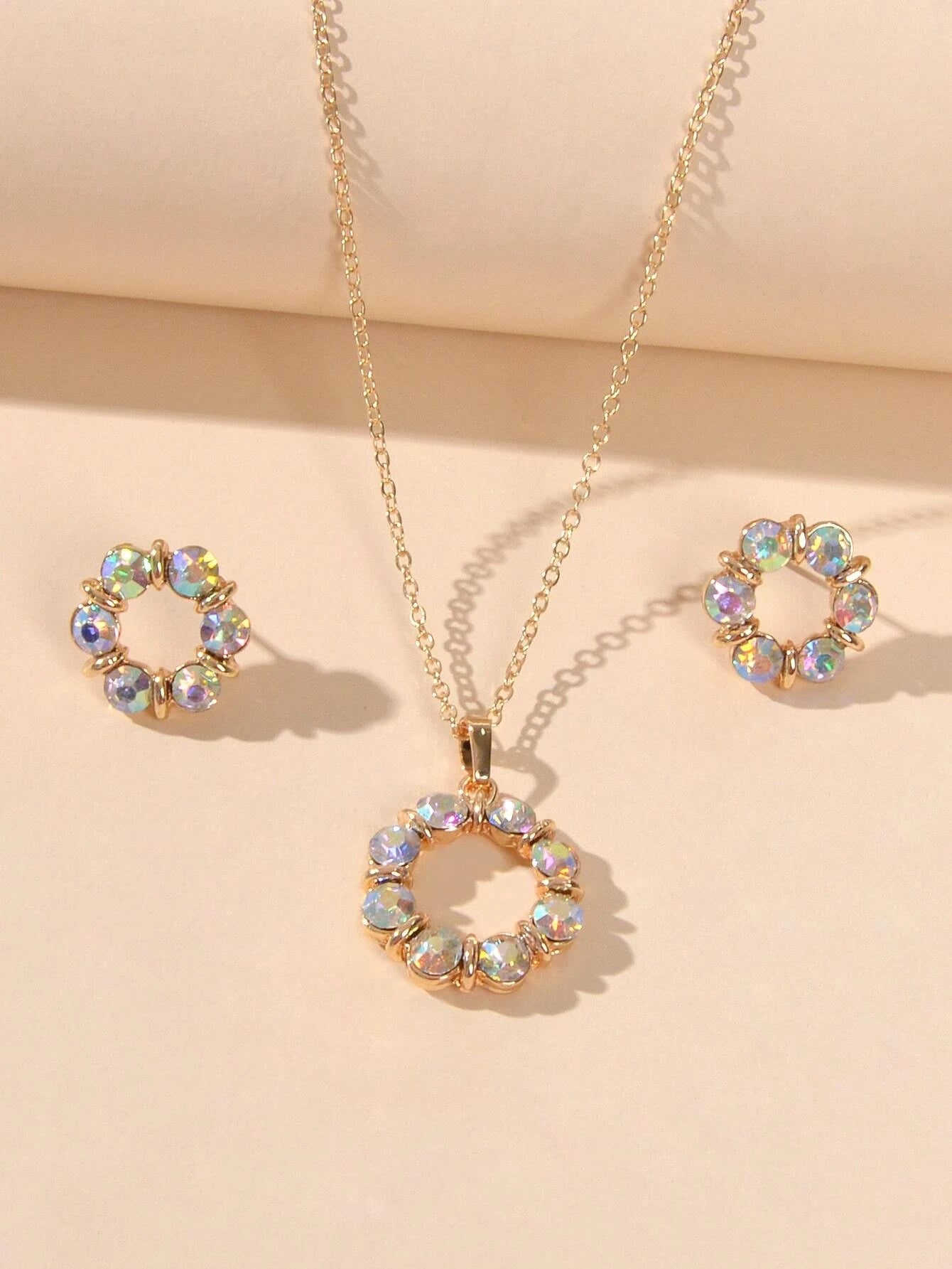 Colourful Rhinestone Flower Jewellry Set Round Charm Necklace Girl Stud Earrings