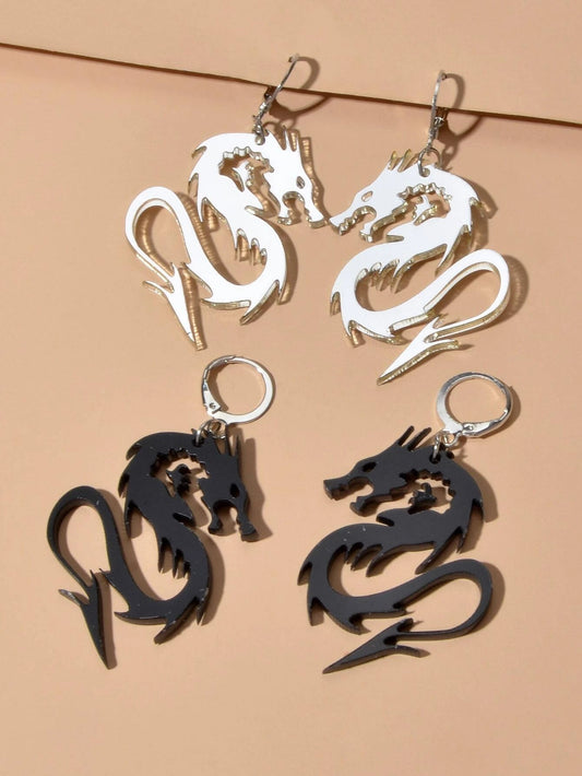 2pairs Hiphop Jewellery Acrylic Black Gold Dragon Drop Earrings Punk Accessories